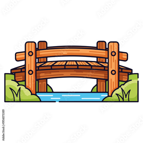 Cartoon Wooden Garden Footbridge Over Stream Vector Illustration