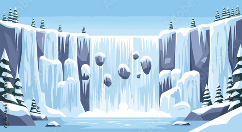 Majestic frozen waterfall landscape with icy cliffs and snow-covered pines