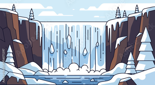 A beautifully rendered flat design illustration showcasing a serene winter waterfall scene, surrounded by snow-covered cliffs and evergreen trees