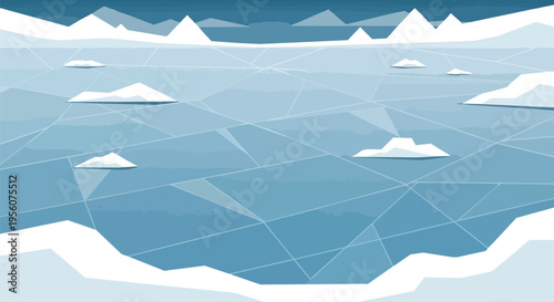 Geometric illustration of a vast, tranquil arctic ice sheet with floating icebergs under a serene sky, portraying a minimalist winter wonderland