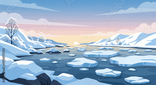 Serene winter landscape with icy river flows under a soft pastel sky at dawn