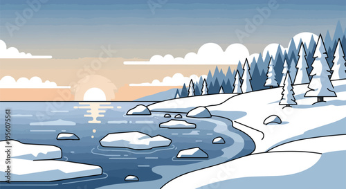 A captivating serene winter landscape illustration featuring a tranquil lake, snow-covered pine trees, and a gentle sunrise light gracefully