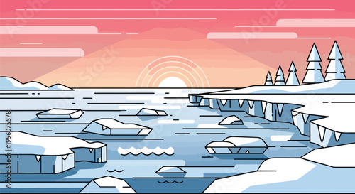 Stylized arctic landscape illustration at sunrise depicting a serene frozen ocean vista with floating ice formations and snow-covered evergreen