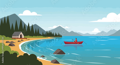 Idyllic lakeside cabin scene with solo rower navigating serene waters bordered by majestic mountains and lush pine forests
