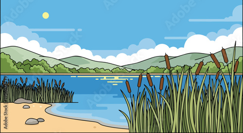 A tranquil natural habitat illustration featuring a calm lake surrounded by lush green foliage and distant gently rolling hills under a bright