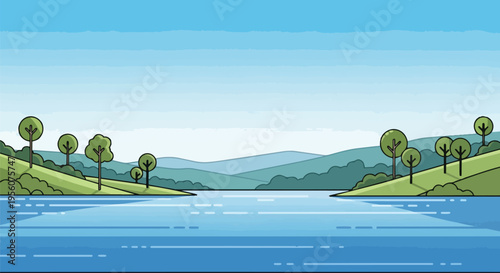 Vibrant cartoon landscape illustration featuring serene lake nestled between rolling hills with scattered trees under a clear blue