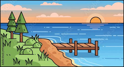 Tranquil lakeside vista at sunset with serene dock and evergreen trees creating a peaceful picturesque landscape perfect for calm relaxation idyllic