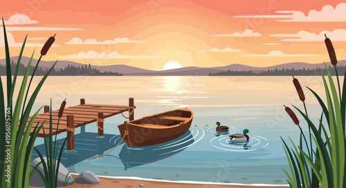Golden hour serenity descends upon a tranquil lakeside scene showcasing a small wooden boat moored to a rustic dock with two ducks gracefully