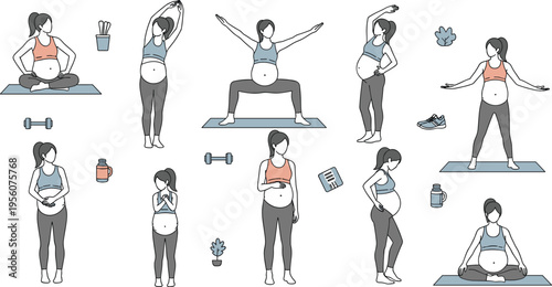 Pregnant Women Exercise and Yoga Outline Set with Maternity Fitness Poses and Prenatal Wellness Activities for Healthy Pregnancy Vector Illustration Collection