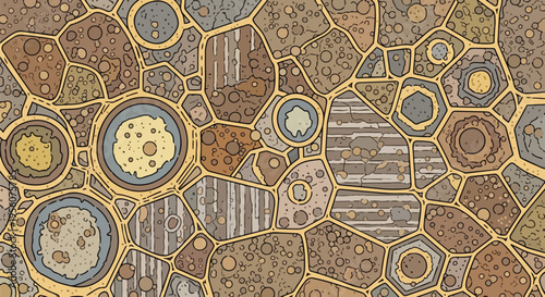 Abstract organic cellular network with geometric tessellations an intricate microscopic view of interconnected earthy elements creating a