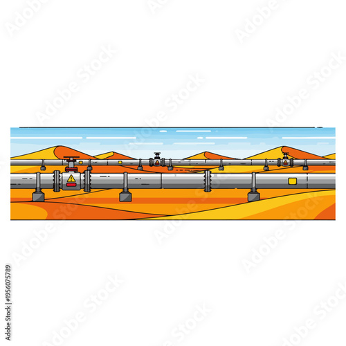 Desert Oil Gas Pipeline Industrial Flat Vector Illustration
