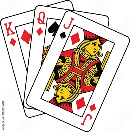 Three Playing Cards: King of Diamonds, Queen of Spades, Jack of Diamonds   Vector Illustration