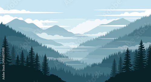 Layered mountain landscape with misty valleys and dense evergreen forests under a cloudy sky.