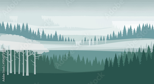 A serene minimalist forest landscape illustration with layered evergreen trees and misty mountains evoking a tranquil natural wilderness scene at