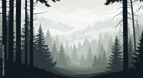 Immersive sylvan vista displaying layered coniferous trees within a hazy, monochromatic mountain range. This illustration captures the profound