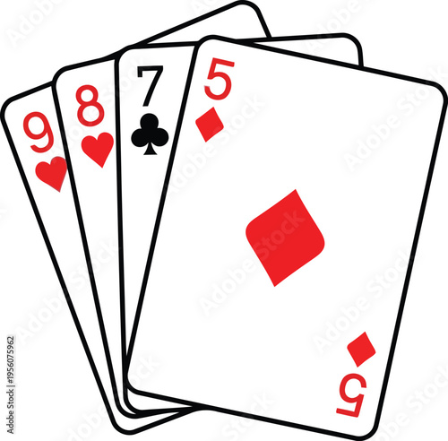 Set of Four Playing Cards: 9 Hearts, 8 Hearts, 7 Spades, 5 Diamonds   Vector Illustration