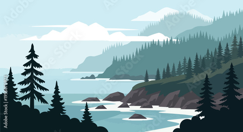 Serene coastal landscape illustration with majestic forested mountains and tranquil waters under a clear sky