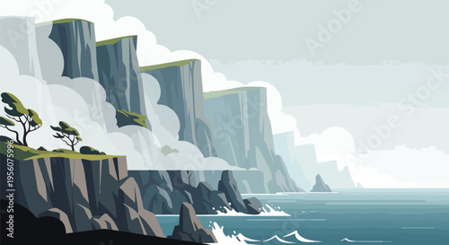 Majestic coastal cliffs shrouded in atmospheric mist, overlooking the serene blue ocean waves