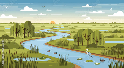 Serene wetland ecosystem with diverse wildlife including elegant heron, swimming ducks, and a green frog amidst a winding river and lush marsh