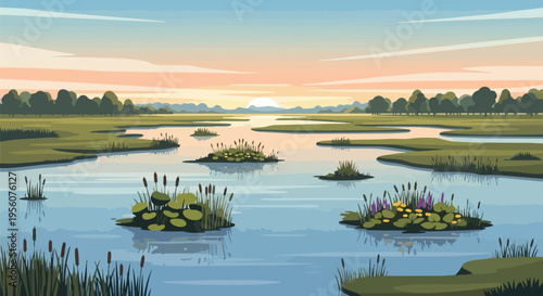 A tranquil wetland landscape at dusk revealing vibrant colors above calm waters, showcasing diverse marsh vegetation and serene natural beauty