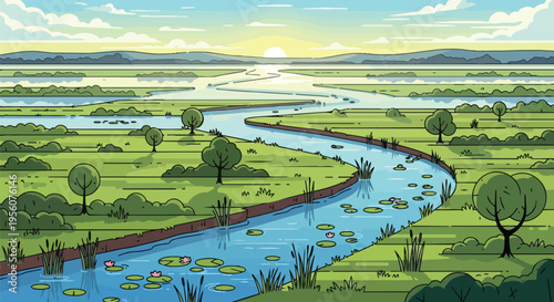 Cartoon wetland river landscape with green fields, trees, lily pads, and a peaceful sunrise sky.