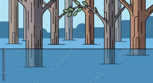 Stylized forest trees submerged in calm blue waters with reflections creating a tranquil serene natural minimalist scene digital vector art