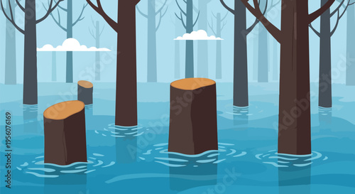 Flat design illustration of a flooded forest with cut stumps and tall trunks in blue water. Clouds gently float in a pale