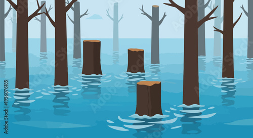 Waterlogged forest illustration symbolizing deforestation, rising water, and environmental impact.