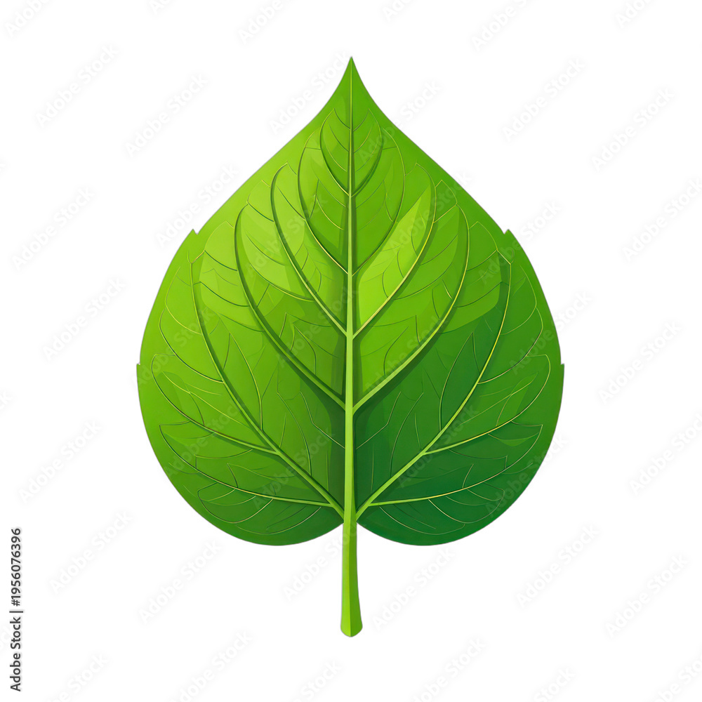 Obraz premium A vibrant green stylized leaf with detailed venation against a stark black background.