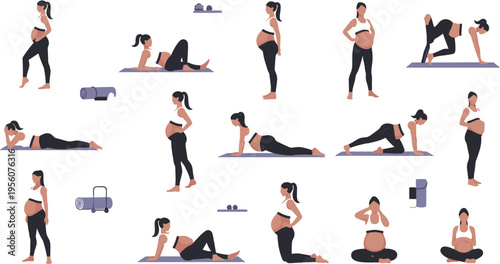 Pregnant Women Fitness and Prenatal Exercise Illustration Set with Maternity Workout Poses Yoga and Healthy Pregnancy Lifestyle Activities Vector Collection