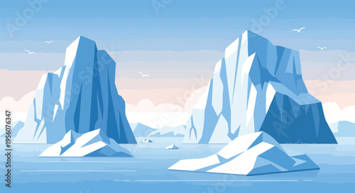 Majestic polar icebergs drift silently across a tranquil blue arctic ocean at dawn, illustrating serene frozen wilderness and environmental beauty