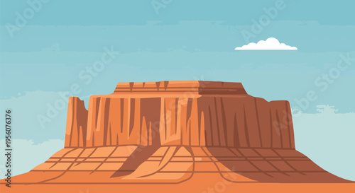 Vast desert landscape illustration featuring a prominent sandstone mesa under a clear sky with a solitary cloud offering a tranquil view of arid