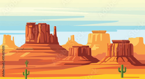 An expansive and vibrant vector illustration depicting a majestic desert panorama, featuring towering red sandstone mesas and striking buttes under