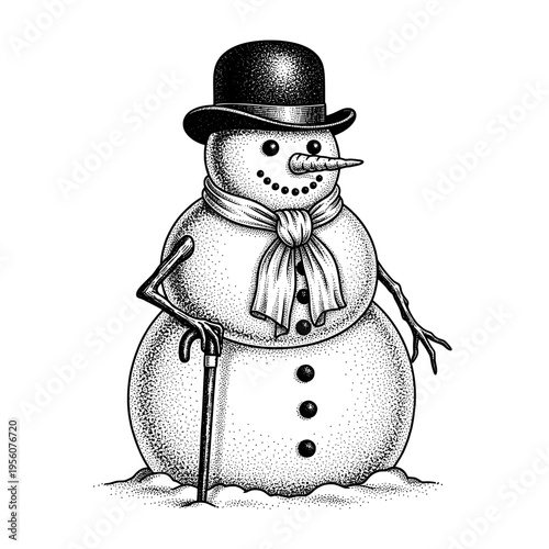 Detailed Stippling Art Illustration of a Classic Snowman with a Bowler Hat and Cane