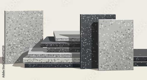 Dynamic arrangement of speckled geometric forms showcasing contemporary textural aesthetics in a balanced composition.