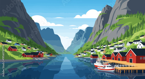Vector art of a Nordic fjord village, houses, boats, and calm waters reflecting majestic green mountains under a clear blue sky