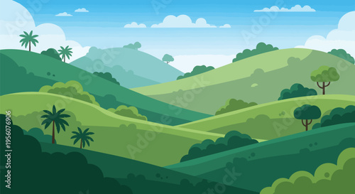 Vibrant Rolling Green Hills Landscape Illustration with Blue Sky and Fluffy Clouds a Serene Natural Vista of Undulating Terrain and Lush Foliage for