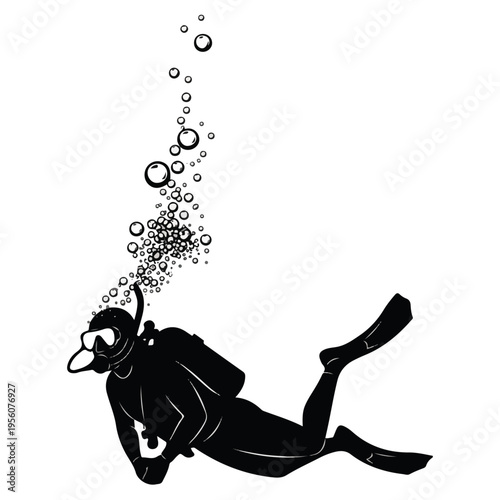 Scuba Diver Silhouette Vector Illustration with Underwater Bubbles