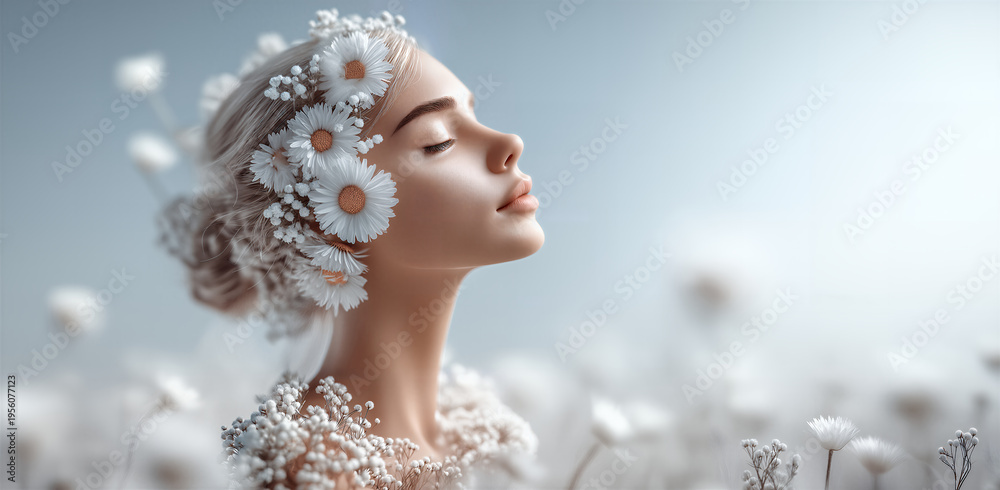 Naklejka premium Relaxed woman with flowers in open natural environment. Calm female figure surrounded by daisyfilled field under soft sunlight with gentle makeup