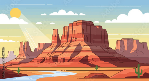 Vibrant vector illustration of majestic desert rock formations and a winding river under a bright sun