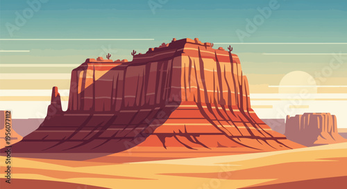 Majestic desert landscape illustration featuring monumental red rock mesas casting long shadows. Serene gradient sky and subtle cacti complete this