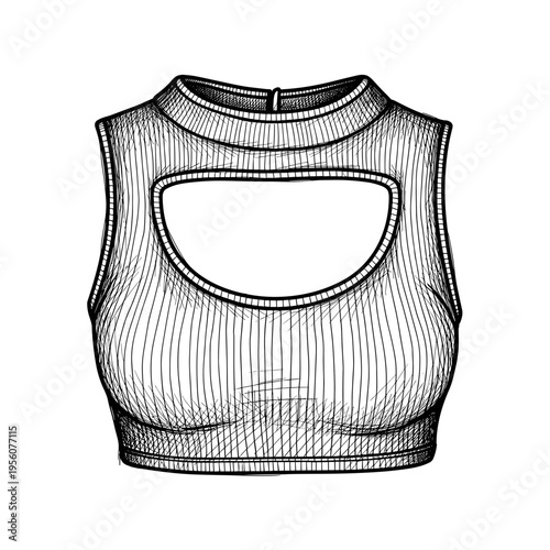Illustration of a stylish top with a cutout neckline, isolated on a white background, showcasing intricate linework and modern fashion design