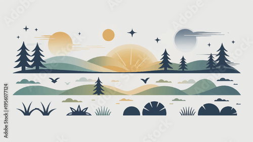Minimalist landscape elements: hills, sun, moon, and trees for graphic design, flat design