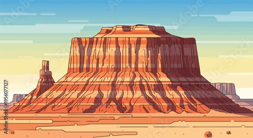 A vibrant stylized desert landscape illustration featuring majestic red rock formations and a lone spire under a colorful gradient sky offering