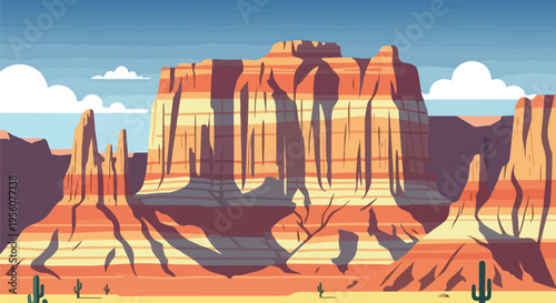 Stylized desert landscape illustration. Large layered rock formations under a blue sky with clouds. Arid ground features sparse cactus plants and