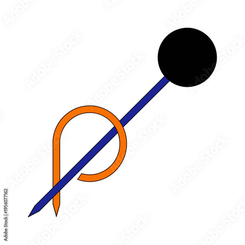 Bent orange pin with black head and blue shaft isolated on white background, minimalistic design