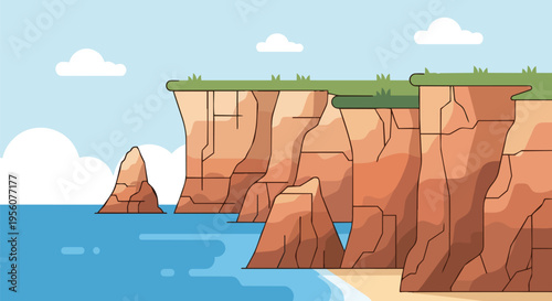 Vibrant cartoon landscape featuring towering ocean cliffs with green tops, sandy beach, calm blue sea, and scattered clouds on a sunny day