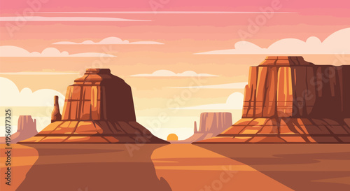 Vast stylized desert landscape with majestic mesa formations silhouetted against a radiant gradient sky during a captivating sunrise or tranquil