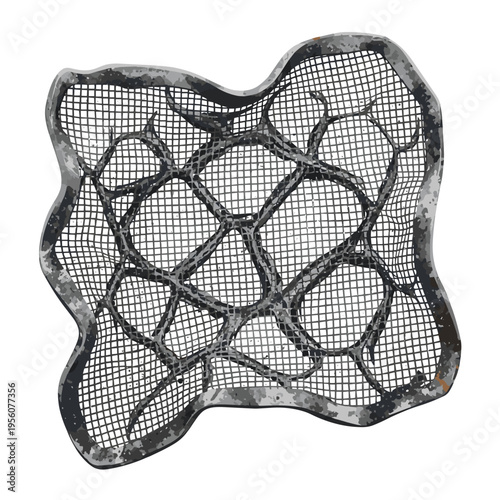 Dented metal mesh with irregular pattern isolated on white background, showcasing intricate texture and unique shape