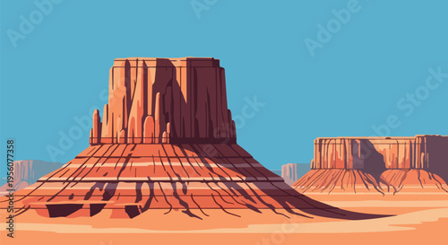 Striking stylized desert landscape with towering sandstone formations under a vast azure sky